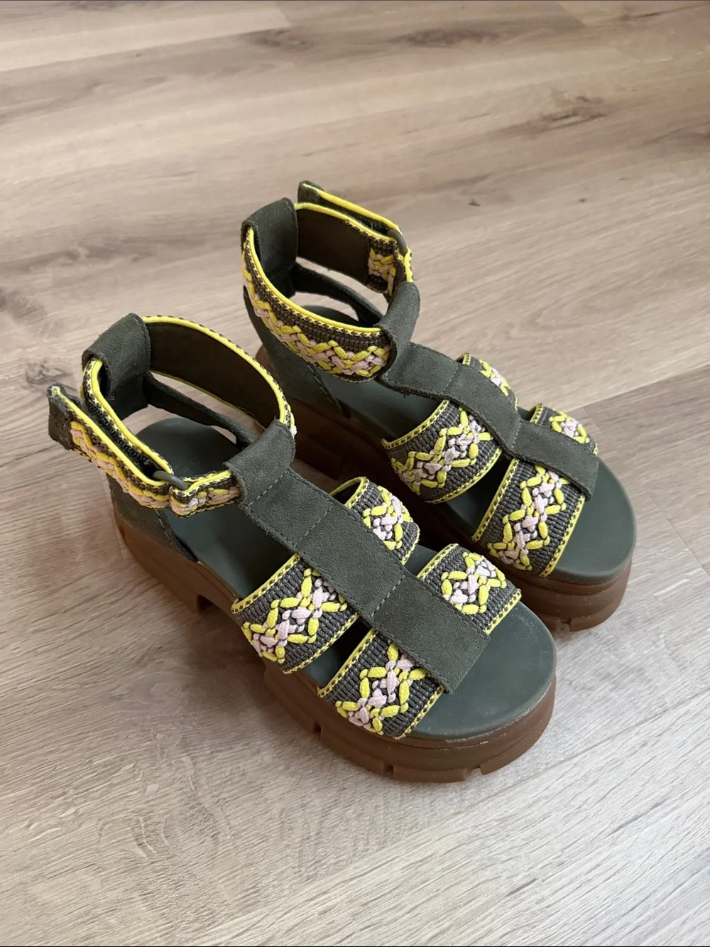 Ugg Chunky Platform Braided Strap Sandals in Olive and Yellow